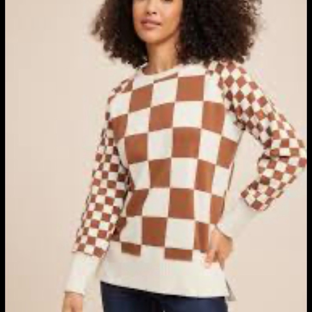 Maurices Checkerboard Sweater Brown Cream Long Sleeve Chunky Knit